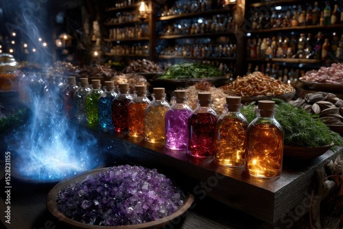 Wallpaper Mural Colorful glass bottles filled with potions displayed on shelves in a mystical shop Torontodigital.ca