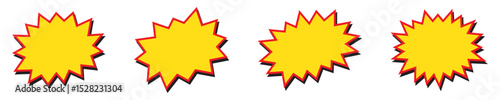Blank sale tags, sale banners. Red and yellow starburst stickers. Pop art funny bang bubble.
