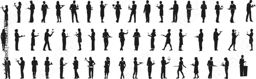 Dynamic Silhouette Collection of Waitstaff and Hospitality Workers, Versatile Service Poses for Restaurant and Event Design flat vector illustration