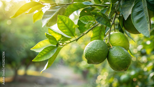 Green Lemon hanging on tree in garden, Green lemons tree in natural warm sunlight background