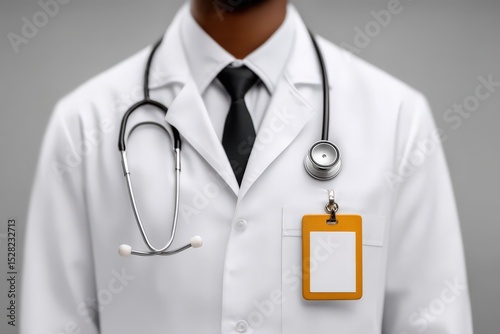 Professional male doctor wearing a white coat with a stethoscope and identification badge symbolizing health care, trustworthiness and dedication to patient well-being in a clinical environment