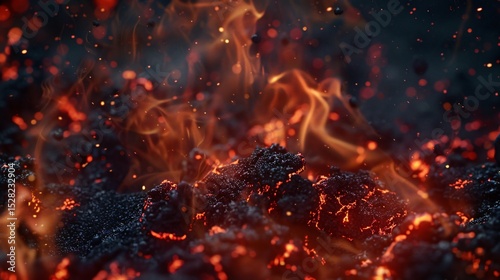 Flames flicker against a backdrop of darkness