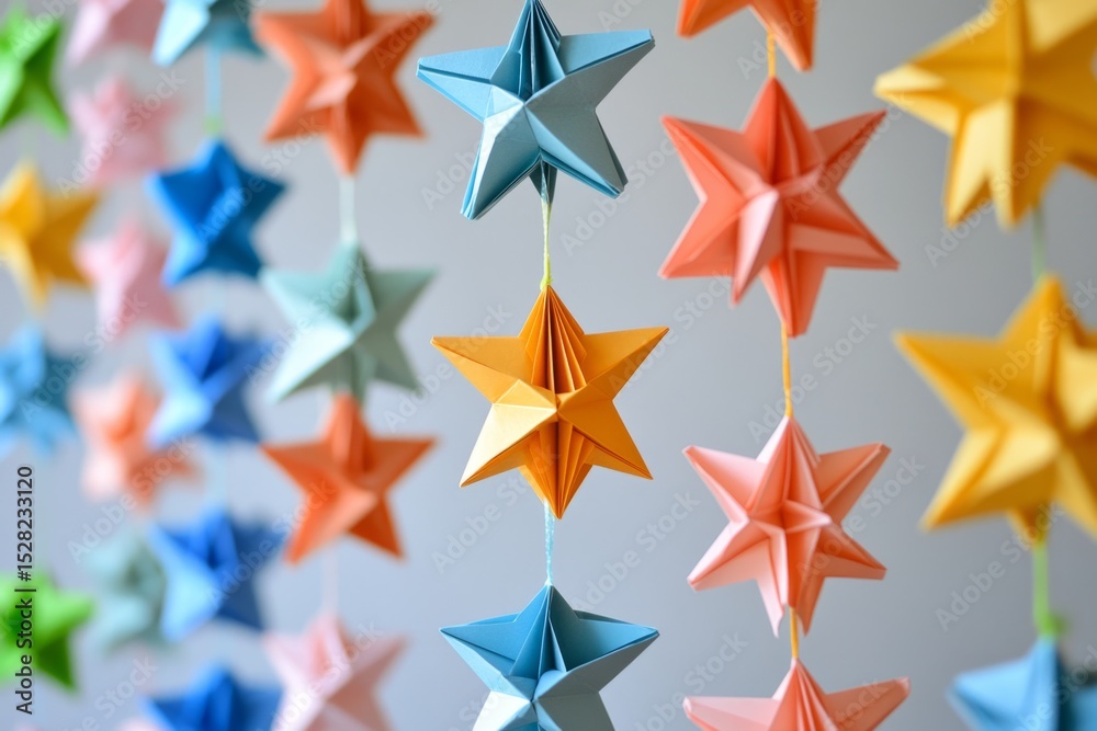 Obraz premium Colorful origami stars hanging on a string, creating a festive and decorative atmosphere
