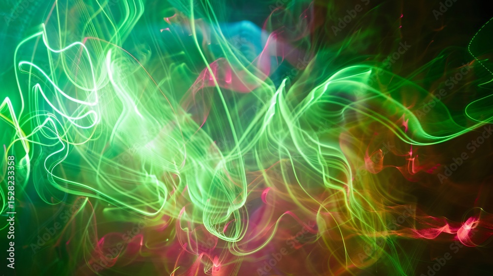 Fototapeta premium Green light trails dance across an abstract backdrop painting it with colorful luminescence