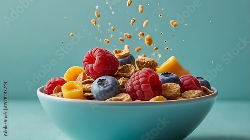 Delicious cereal with raspberries blueberries and peaches