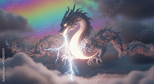 A fantastical dragon emitting lightning in a cloudy sky with a rainbow in the background artwork