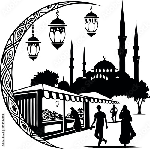 Traditional Turkish Market Scene Silhouette.