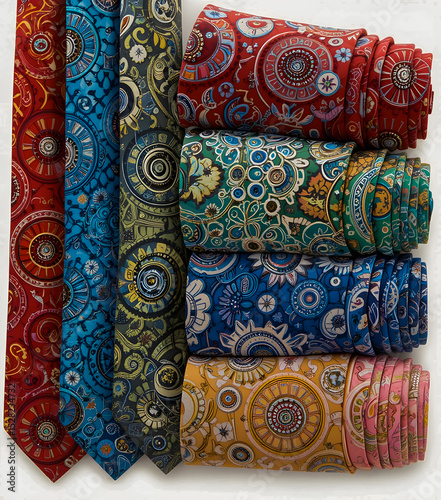 Colorful patterned ties neatly rolled and displayed on a light background
