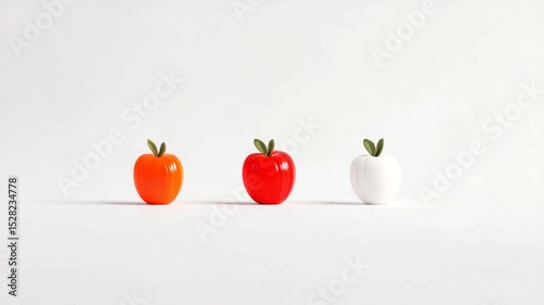Three colorful apple-shaped objects in a minimalist setting with a white background