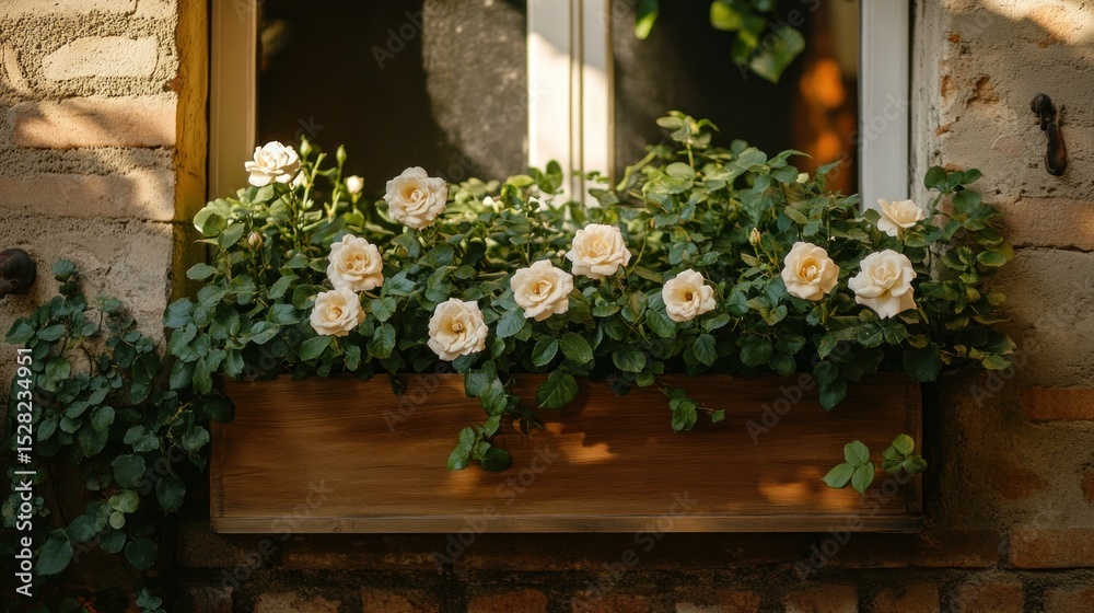 Fototapeta premium Cream roses in window box, brick wall