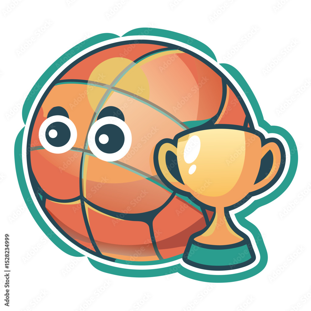 Obraz premium Sticker of playful cartoon basketball with expressive eyes and gold trophy for sports and competition themes