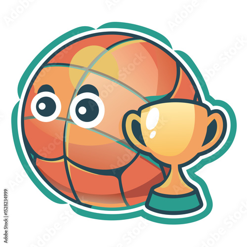 Sticker of playful cartoon basketball with expressive eyes and gold trophy for sports and competition themes