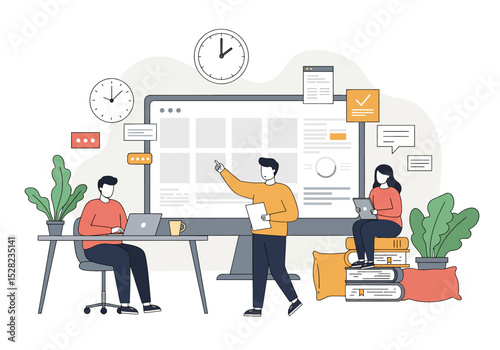 flat vector illustration: A team of professionals manages tasks and schedules on a large desktop monitor, symbolizing efficient time management and project organization in business