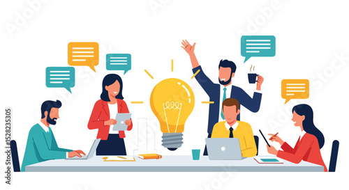 flat vector illustration: A diverse business team brainstorms around a table with a glowing lightbulb, speech bubbles indicating idea sharing and communication. Innovation and collaboration