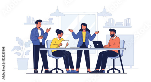  flat vector illustration: A diverse team collaborates around a table in a modern office, engaged in discussion and working on laptops, representing teamwork and efficiency in business