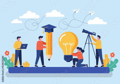 flat vector illustration: A diverse team collaborates around a lightbulb, symbolizing new ideas and creative problem-solving. Features elements telescope, pencil, and paper planes, vision and progress