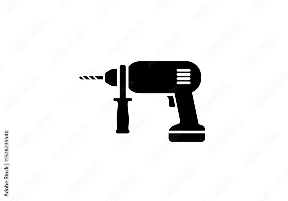 A black and white illustration of a drill with a handle and a drill bit on a white background A black and white illustration of a drill with a handle and a drill bit on a white background