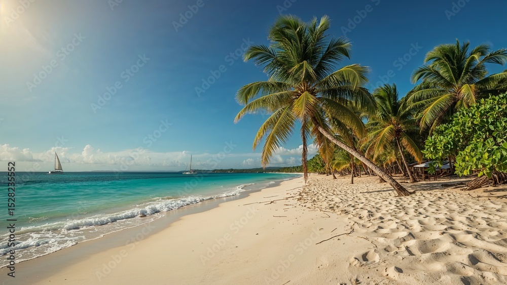 Obraz premium Tropical beach with palm trees and clear blue water
