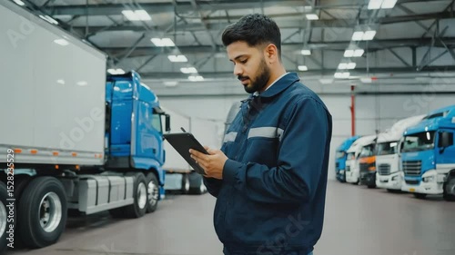 Young Man in Blue Uniform Checking Tablet in Warehouse Full of Trucks