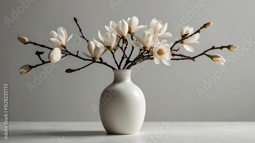 Elegant white magnolia blossoms in ceramic vase