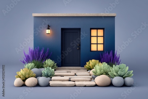 Charming blue house adorned with vibrant succulents and lavender flowers creating a welcoming atmosphere with unique stone pathway illuminated by warm lighting captured with clarity photo