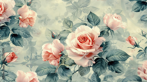 Delicate vintage floral fabric pattern with soft pink roses and green leaves.