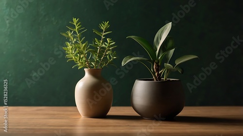 Two green plants in modern vases on wood table