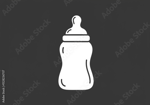 White baby bottle with nipple and lid on a dark gray background in a simple vector style image