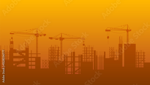 Building construction site background, silhouette illustration of city skyscraper construction