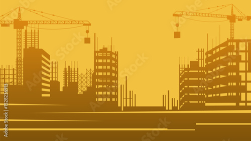 Building construction site background, silhouette illustration of city skyscraper construction