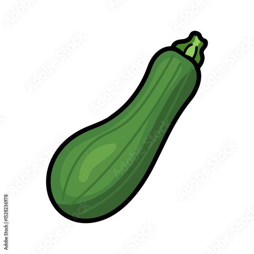 Illustration of a single green zucchini with a black outline on a white background image view