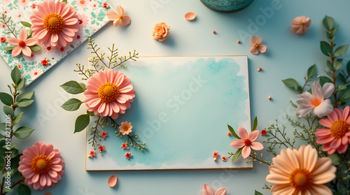 Beautiful floral stationery layout with pink flowers and turquoise background