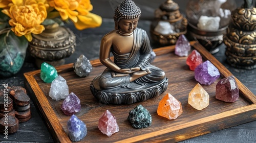 Chakra Crystals Home Decor: Buddha Figurine Surrounded by Seven Colored Stones on Wooden Tray photo