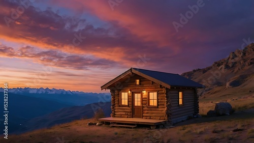 Secluded log cabin at sunset in the mountains