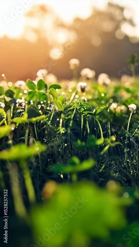 Four leaf clover surrounded by greenery and dew drops in soft sunlight creates a mystical, dreamy meadow scene.