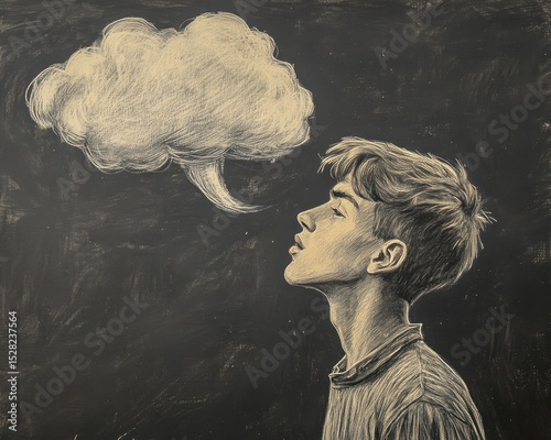 Chalk Speech. Portrait of a Young Man Thinks with Empty Speech Bubble on Blackboard