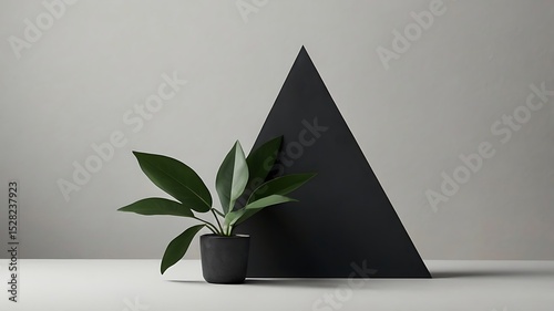 Minimalist plant in pot with black triangle background