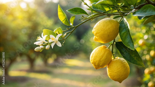 Lemons on tree with flower in field, Lemon hanging on tree in natural warm sunlight background