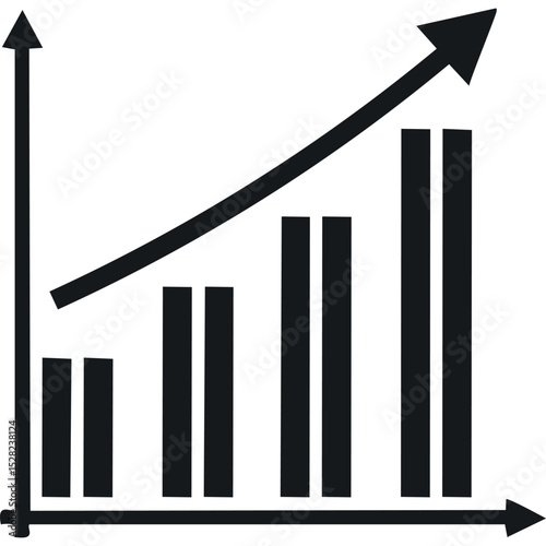 Single-line black vector icon of a growing chart with an upward arrow. Represents success, metrics, finance, and development.
