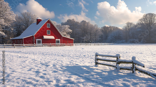 Idyllic Winter Scene Red Barn in a Snow-Covered Field
