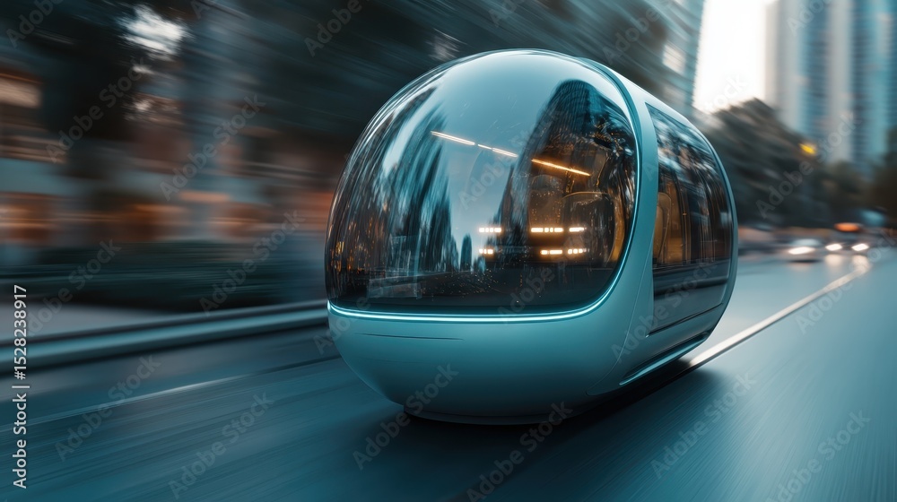 Fototapeta premium A sleek, futuristic transport pod gracefully glides through an urban landscape, showcasing innovation and modern design in transportation technology and urban mobility.