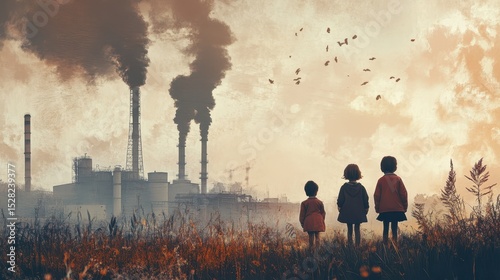 Children Air Pollution. Factory Industry Smoke Emissions Impact on Ecology and Air Quality