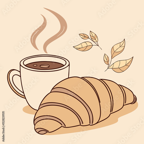 Cozy coffee cup with croissant and autumn leaves on a light background