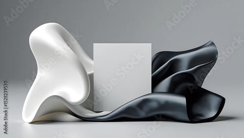 Blank card mockup with black and white fabric drapes