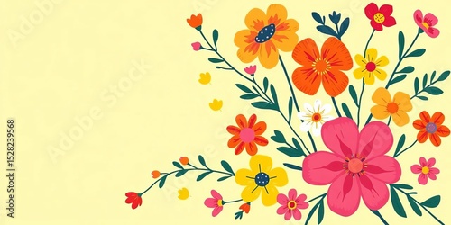 Flat, Matisse-inspired vector floral poster; bright, colorful hand-drawn flowers,   botanical illustration,  plants