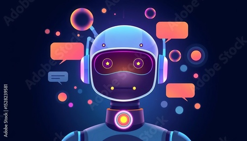 Flat vector illustration of chatbot AI, colorful bubbles, futuristic interface, chatbot,  communication