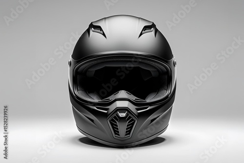 A matte black motorcycle helmet shown from the front view, placed on a seamless white background, soft diffused lighting highlighting the helmet’s shape and texture, minimalistic and clean product moc