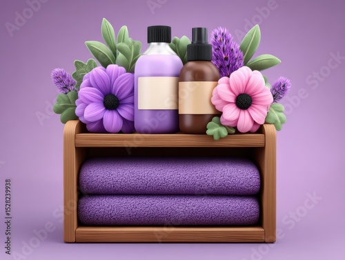 Lavish spa setting with plush purple towels decorative flowers aromatic wellness products in a serene arrangement designed for relaxation and tranquility captured with clarity