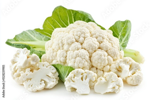 A fresh head of cauliflower with florets and leaves, isolated on white background