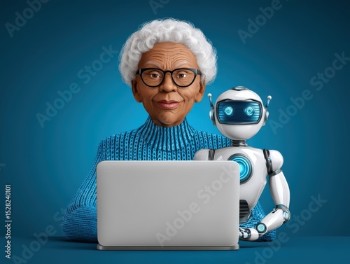 Elderly woman engaging with advanced technology alongside a friendly robot companion while working on a laptop in a vibrant digital workspace illustrating connection between generations and